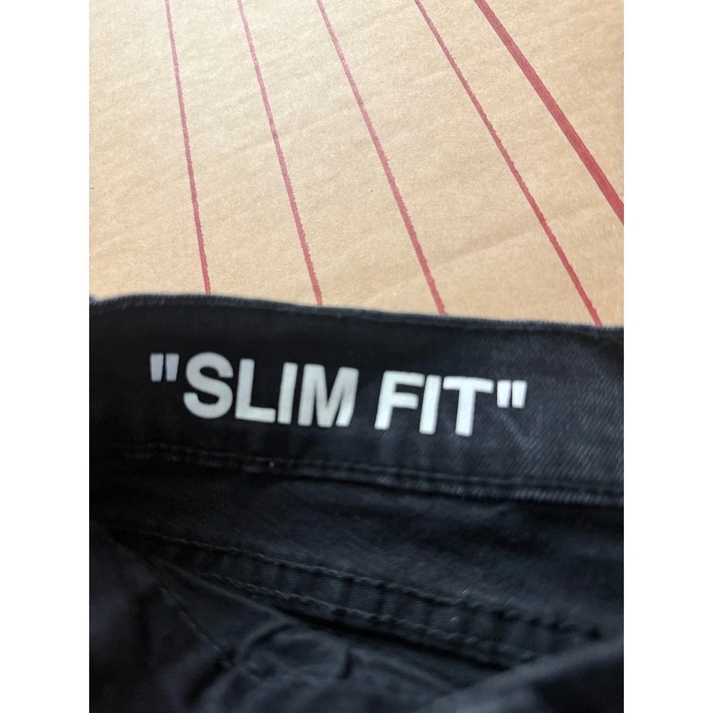 Off-White Slim Fit Black Denim Jeans Orange Checkered Patch Distressed Mens 30